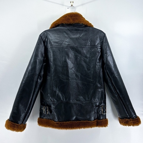 𝅺LIONESS Black Faux Leather Jacket Faux Fur Lining and Trim - Picture 3 of 9